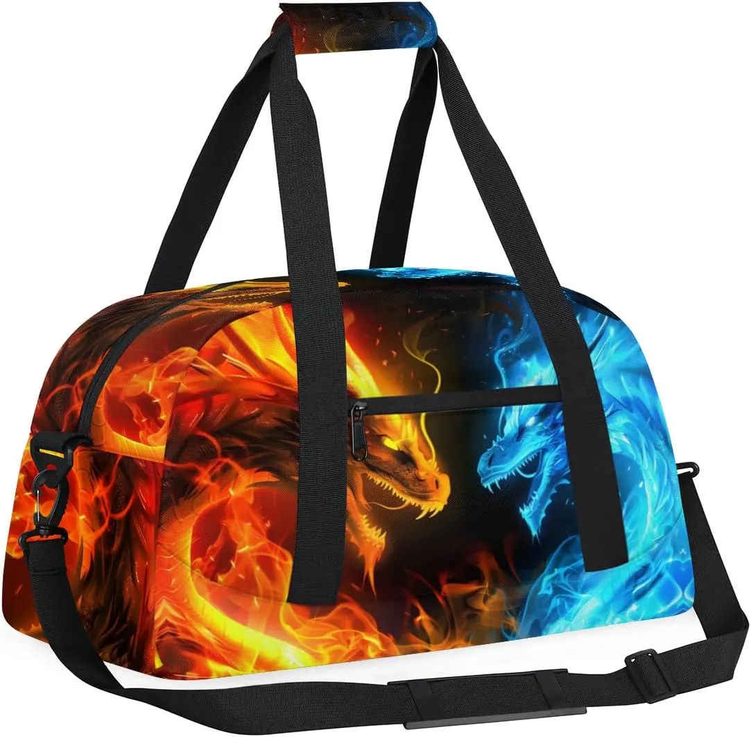 Dragon Fire Water Kids Duffel Bag for Boys, Sports Gym Bag Overnight Travel Weekender Bag Lightweight Carry On Sleepovers Bag for School Practice Gymnastics