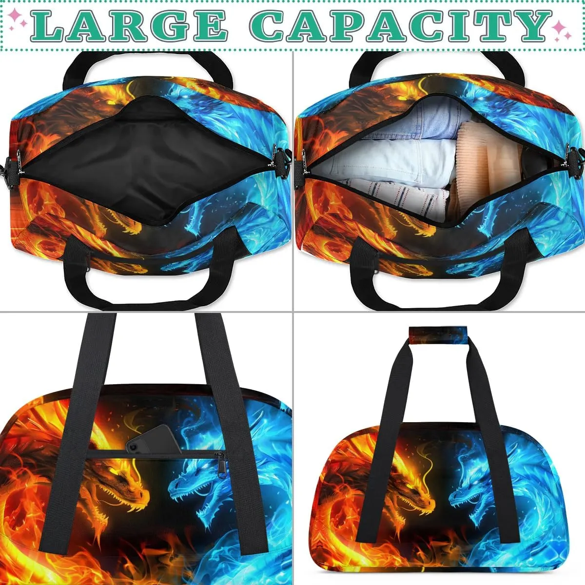 Dragon Fire Water Kids Duffel Bag for Boys, Sports Gym Bag Overnight Travel Weekender Bag Lightweight Carry On Sleepovers Bag for School Practice Gymnastics