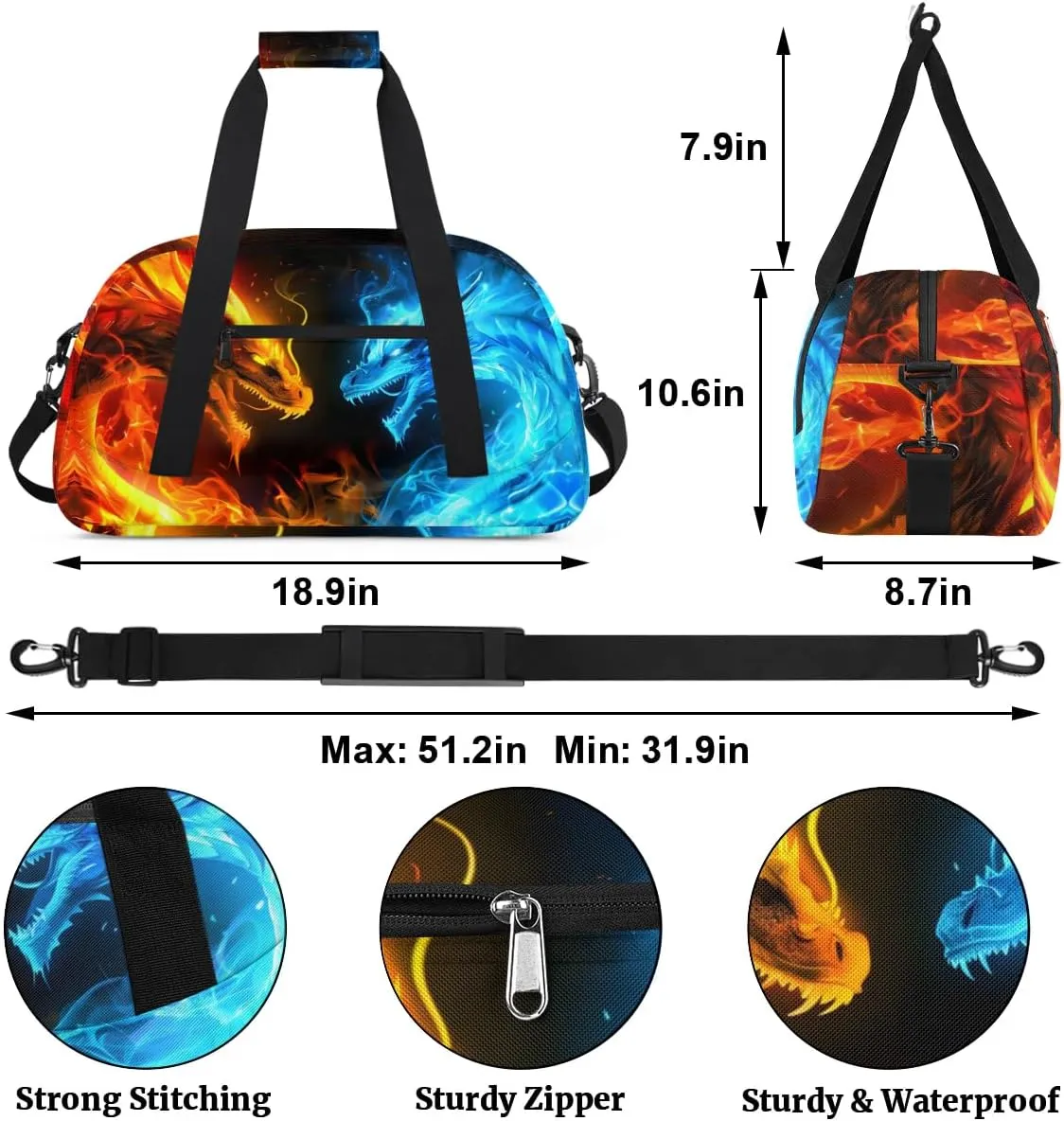 Dragon Fire Water Kids Duffel Bag for Boys, Sports Gym Bag Overnight Travel Weekender Bag Lightweight Carry On Sleepovers Bag for School Practice Gymnastics