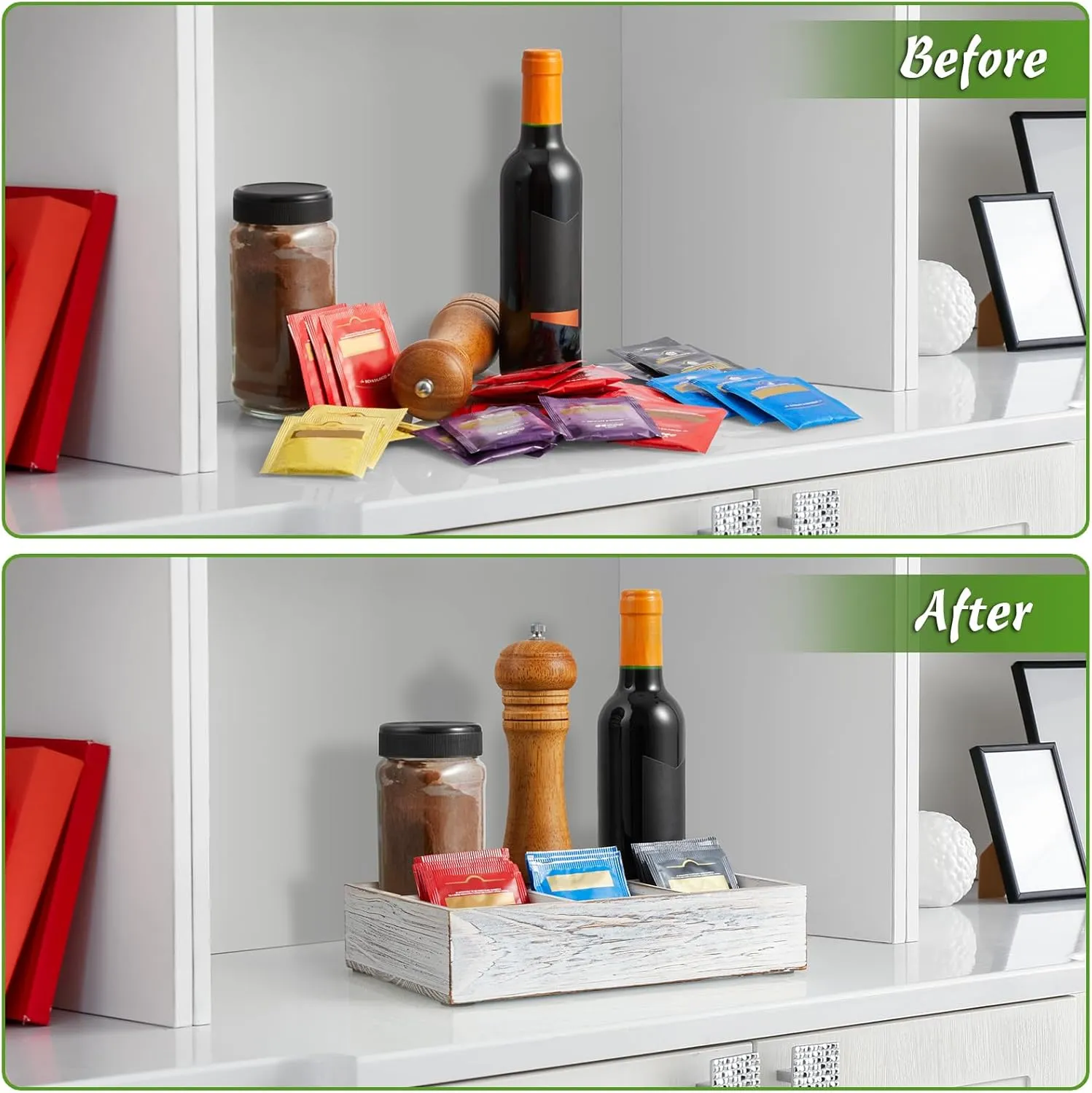 DRASTAR Tea Bag Organizer, Small Tea Bag Holder, Tea Storage Containers with 3 Slots, Wooden Sugar Packet Holder, Mini Tea Bag Caddy Box for Countertop (Retro White, 6 Slots)