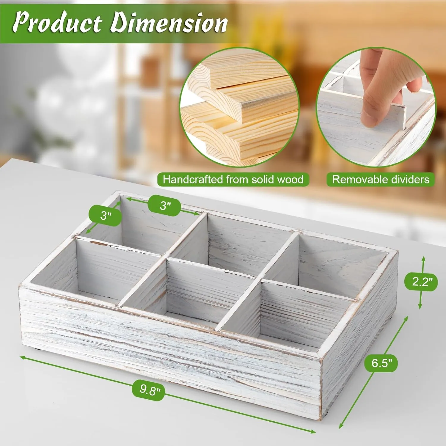 DRASTAR Tea Bag Organizer, Small Tea Bag Holder, Tea Storage Containers with 3 Slots, Wooden Sugar Packet Holder, Mini Tea Bag Caddy Box for Countertop (Retro White, 6 Slots)