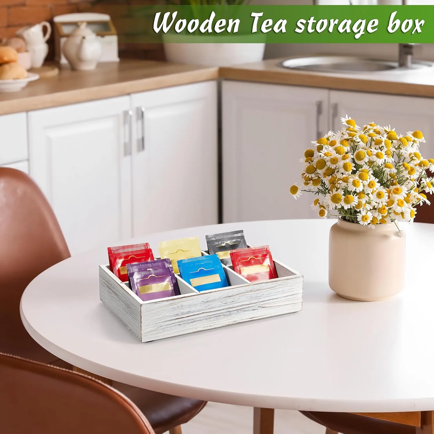 DRASTAR Tea Bag Organizer, Small Tea Bag Holder, Tea Storage Containers with 3 Slots, Wooden Sugar Packet Holder, Mini Tea Bag Caddy Box for Countertop (Retro White, 6 Slots)