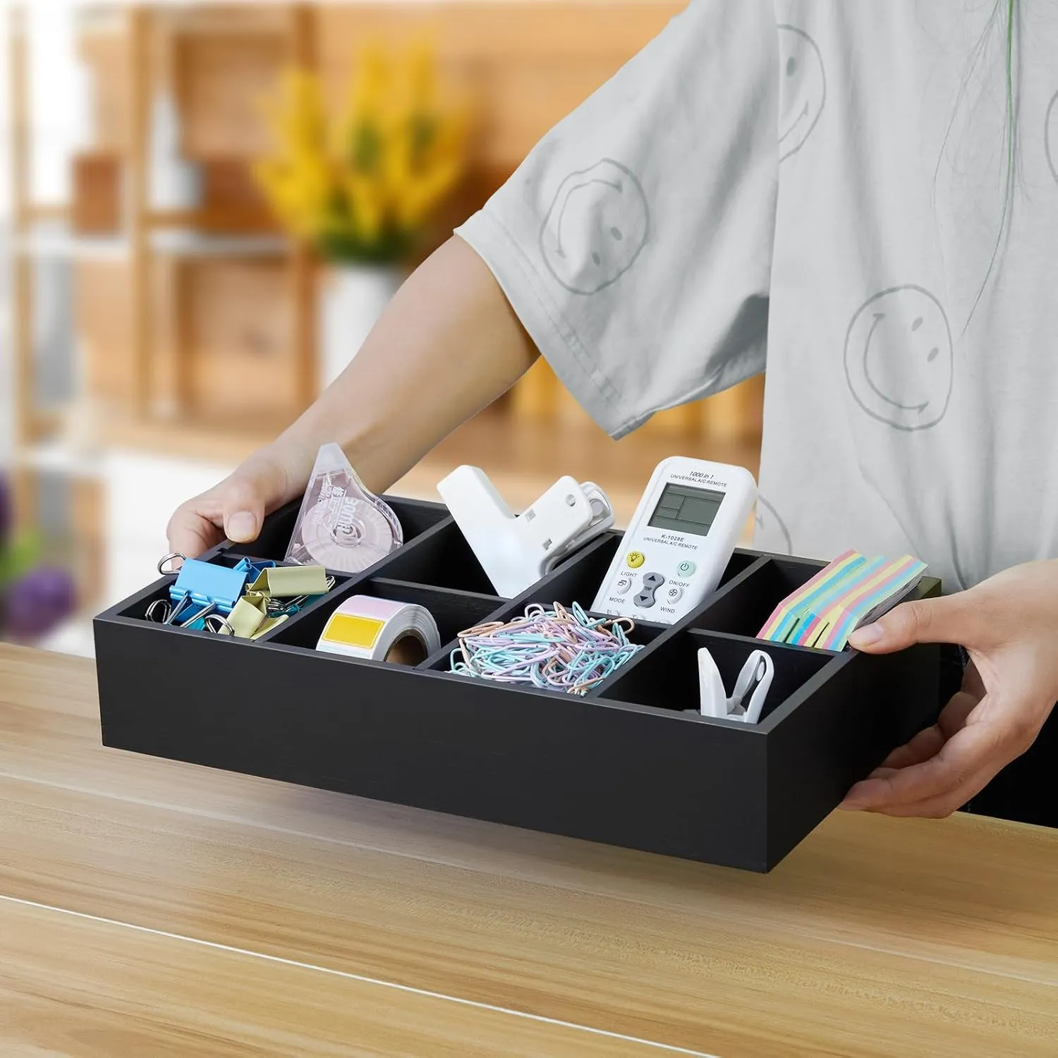 DRASTAR Tea Bag Organizer, Tea Box Organizer Storage Box, Wooden Tea Bag Holder, Tea Chest with 8 Compartments, Tea Caddy for Tea Bags Organizer, Black