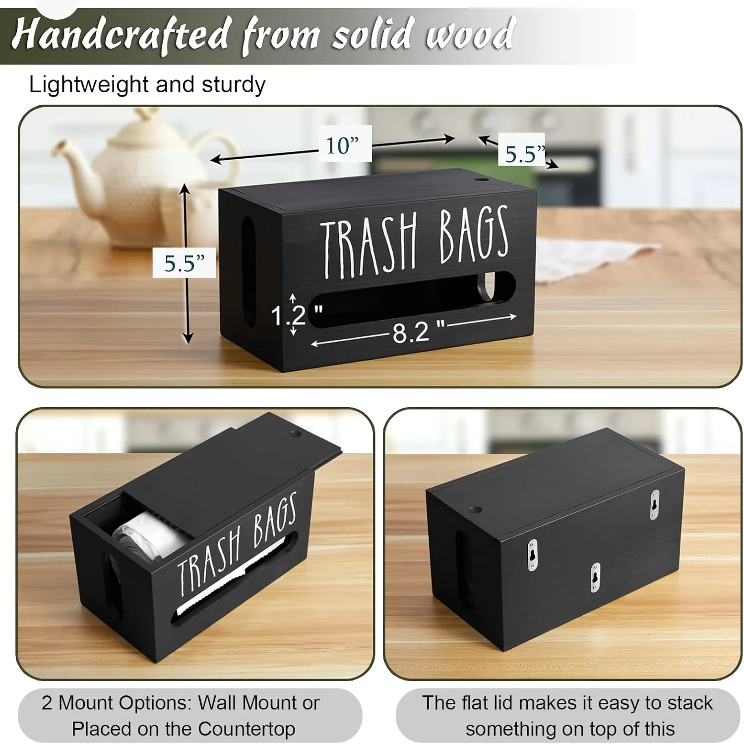 DRASTAR Trash Bag Dispenser, Wooden Garbage Bag Holder, Black, Fits Most Standard Sizes, Wall Mount or Countertop, Kitchen Storage & Organization