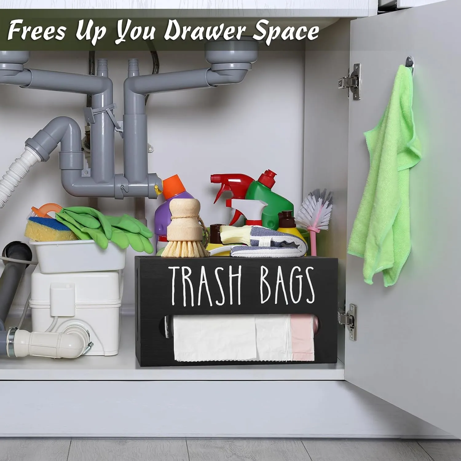 DRASTAR Trash Bag Dispenser, Wooden Garbage Bag Holder, Black, Fits Most Standard Sizes, Wall Mount or Countertop, Kitchen Storage & Organization