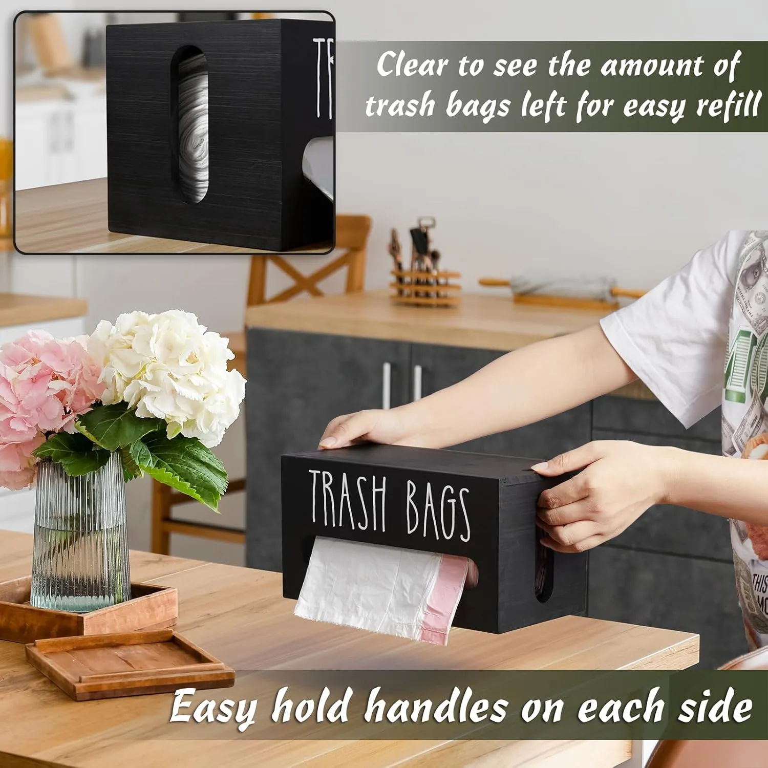 DRASTAR Trash Bag Dispenser, Wooden Garbage Bag Holder, Black, Fits Most Standard Sizes, Wall Mount or Countertop, Kitchen Storage & Organization
