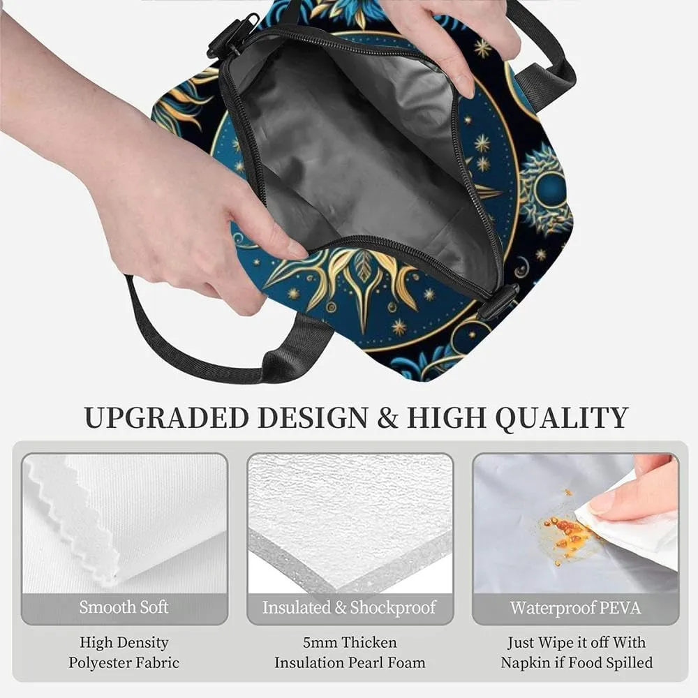 Drawing golden stars moon planets constellations a blue mystical Insulated Adult Lunch Bag with Shoulder Strap for Women Lightweight Reusable Portable Freezable Lunch Tote Bag for Work Picnic