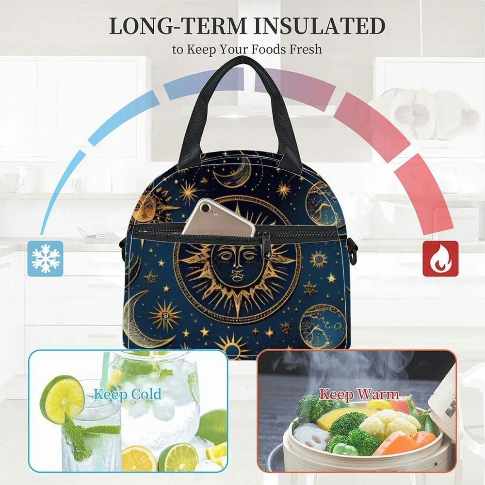Drawing golden stars moon planets constellations a blue mystical Insulated Adult Lunch Bag with Shoulder Strap for Women Lightweight Reusable Portable Freezable Lunch Tote Bag for Work Picnic
