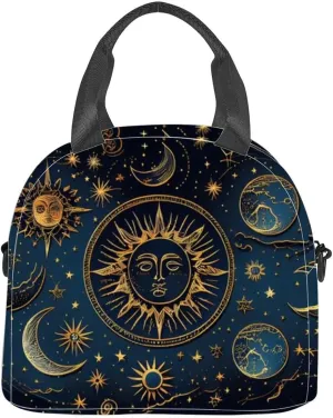 Drawing golden stars moon planets constellations a blue mystical Insulated Adult Lunch Bag with Shoulder Strap for Women Lightweight Reusable Portable Freezable Lunch Tote Bag for Work Picnic