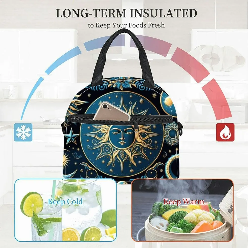 Drawing golden stars moon planets constellations a blue mystical Insulated Adult Lunch Bag with Shoulder Strap for Women Lightweight Reusable Portable Freezable Lunch Tote Bag for Work Picnic