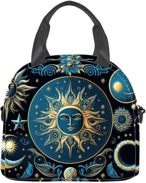 Drawing golden stars moon planets constellations a blue mystical Insulated Adult Lunch Bag with Shoulder Strap for Women Lightweight Reusable Portable Freezable Lunch Tote Bag for Work Picnic