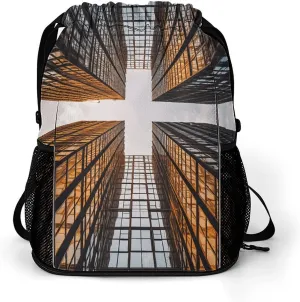 Drawstring Backpack for Women Skyscraper Looking Up at Sky Travel Backpack for Men Drawstring Bag Zipper Pocket Sport Bag