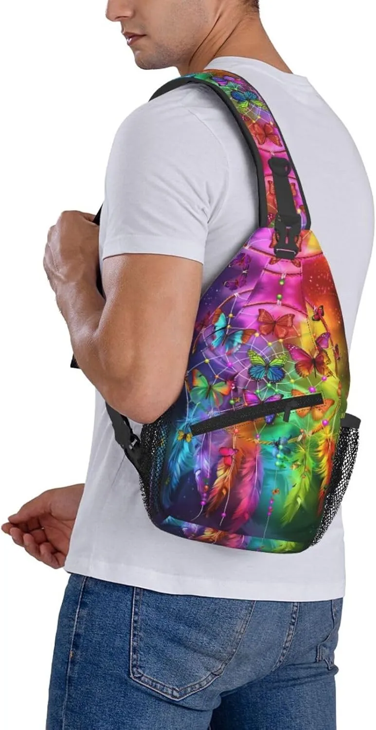 Dream Catcher With Colorful Butterfly Sling Backpack Chest Bag Crossbody Shoulder Bag Gym Cycling Travel Hiking Daypack For Men Women