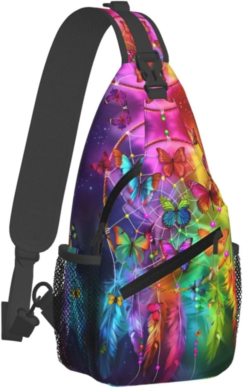 Dream Catcher With Colorful Butterfly Sling Backpack Chest Bag Crossbody Shoulder Bag Gym Cycling Travel Hiking Daypack For Men Women
