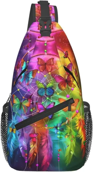 Dream Catcher With Colorful Butterfly Sling Backpack Chest Bag Crossbody Shoulder Bag Gym Cycling Travel Hiking Daypack For Men Women