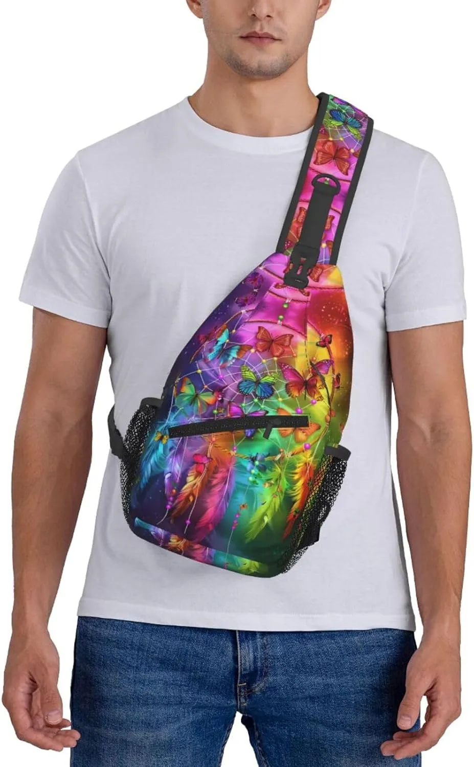 Dream Catcher With Colorful Butterfly Sling Backpack Chest Bag Crossbody Shoulder Bag Gym Cycling Travel Hiking Daypack For Men Women