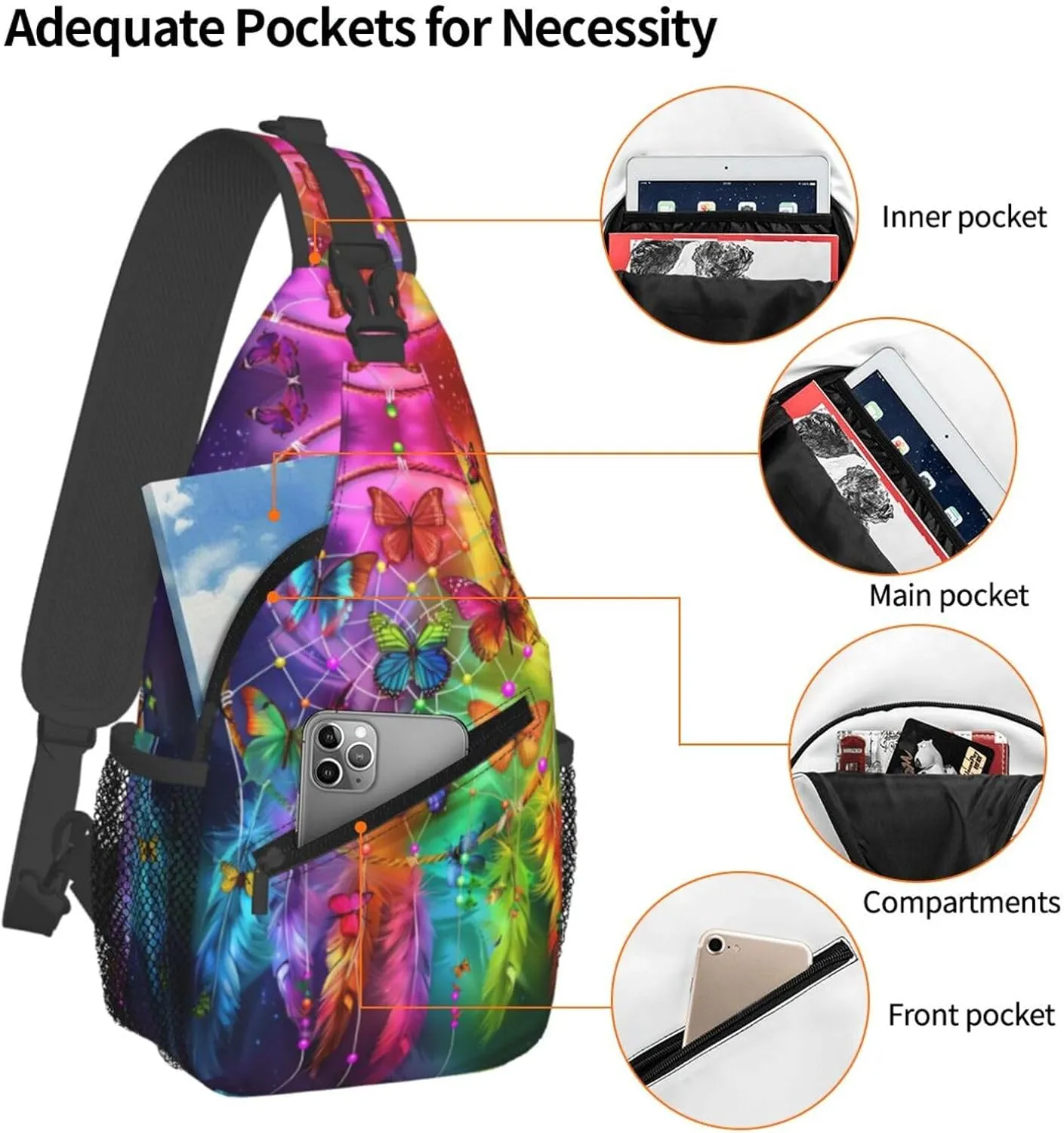 Dream Catcher With Colorful Butterfly Sling Backpack Chest Bag Crossbody Shoulder Bag Gym Cycling Travel Hiking Daypack For Men Women