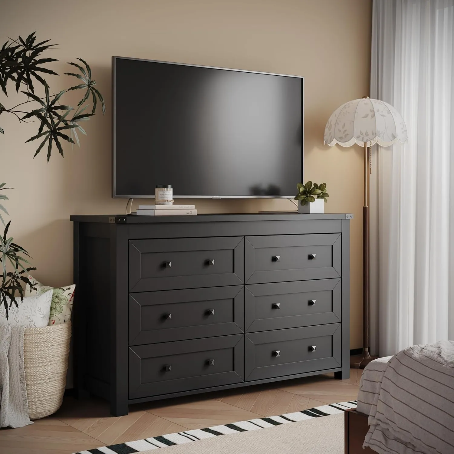 Dresser for Bedroom with 6 Drawers, Farmhouse Wood Chest of Drawers, Wide TV Stand Closet Storage Furniture with Metal Handle, Modern Clothes Organizer for Hallway, Living Room, Entryway, Black
