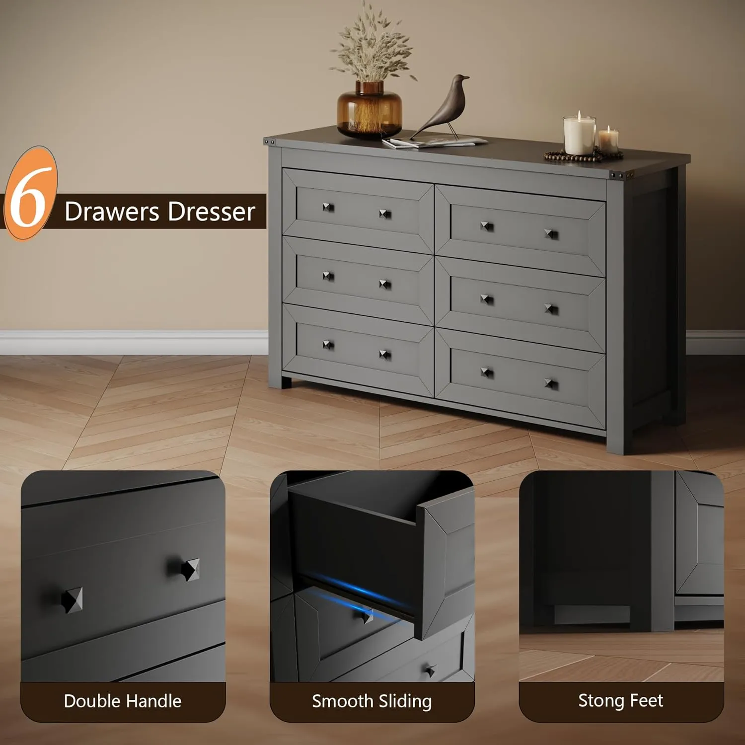Dresser for Bedroom with 6 Drawers, Farmhouse Wood Chest of Drawers, Wide TV Stand Closet Storage Furniture with Metal Handle, Modern Clothes Organizer for Hallway, Living Room, Entryway, Black