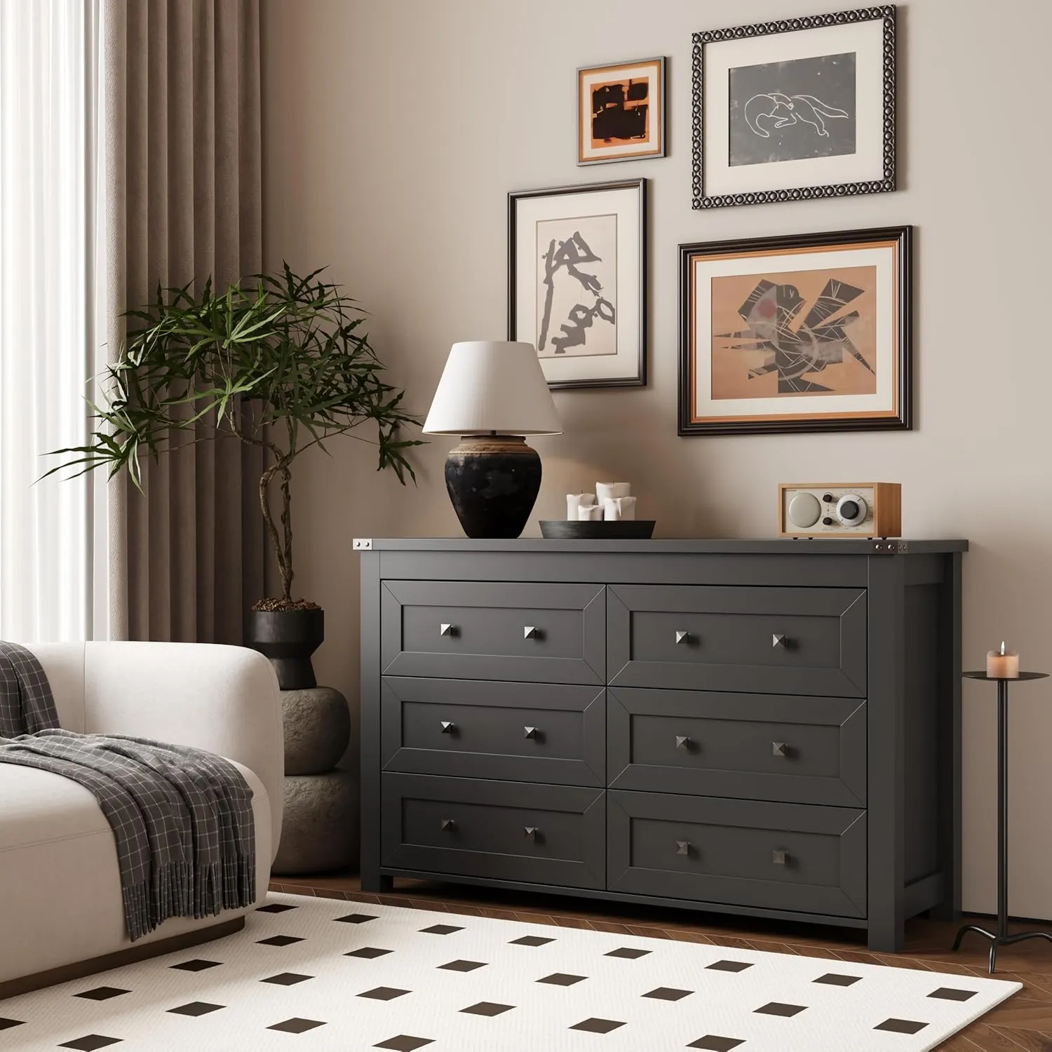 Dresser for Bedroom with 6 Drawers, Farmhouse Wood Chest of Drawers, Wide TV Stand Closet Storage Furniture with Metal Handle, Modern Clothes Organizer for Hallway, Living Room, Entryway, Black