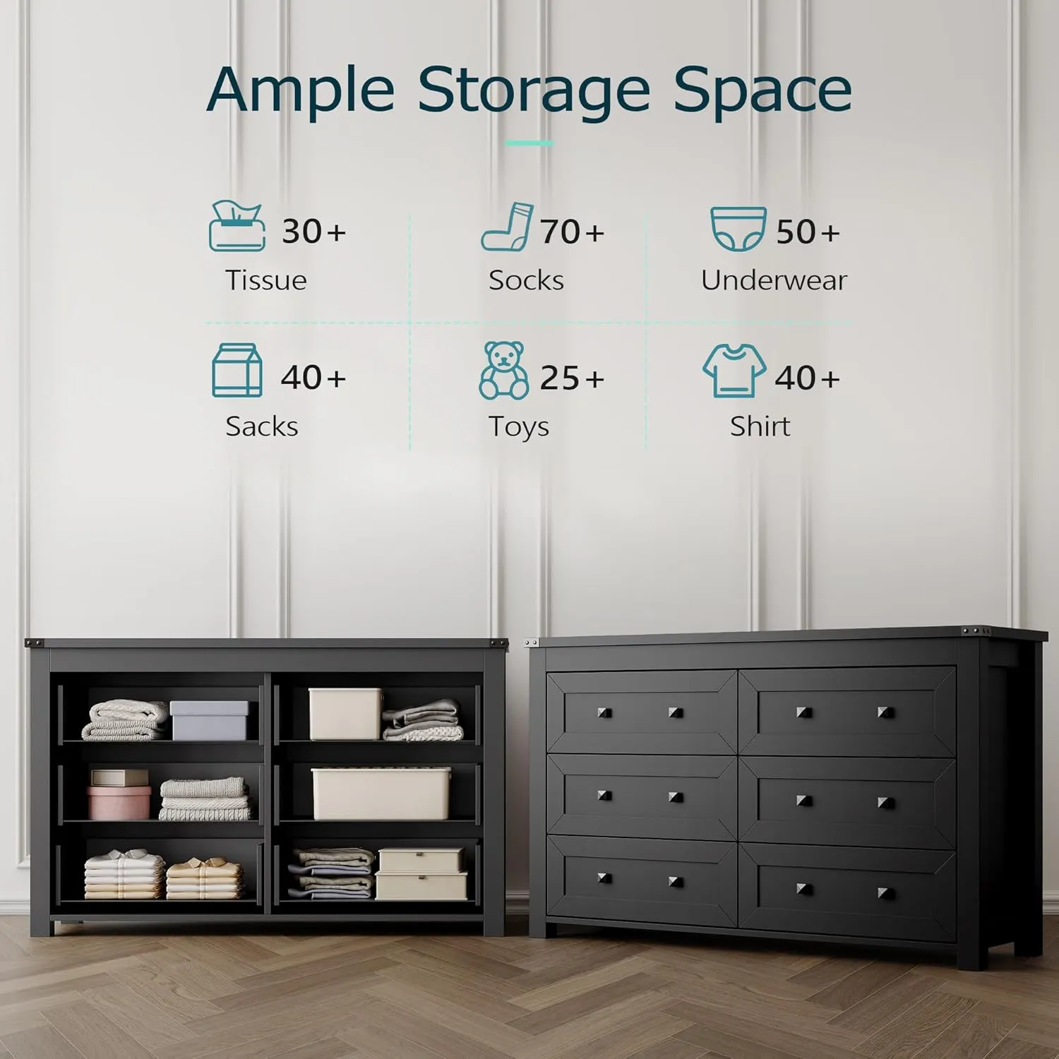 Dresser for Bedroom with 6 Drawers, Farmhouse Wood Chest of Drawers, Wide TV Stand Closet Storage Furniture with Metal Handle, Modern Clothes Organizer for Hallway, Living Room, Entryway, Black