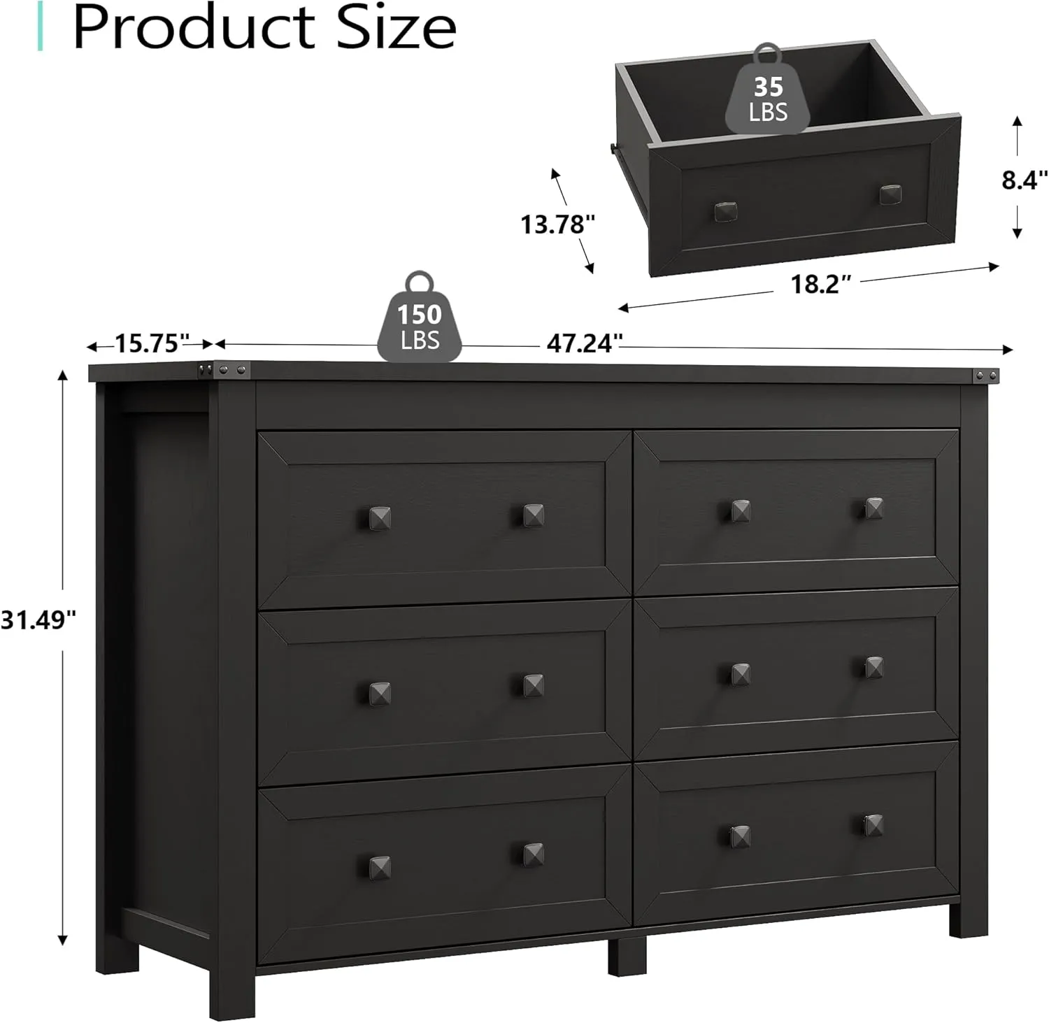 Dresser for Bedroom with 6 Drawers, Farmhouse Wood Chest of Drawers, Wide TV Stand Closet Storage Furniture with Metal Handle, Modern Clothes Organizer for Hallway, Living Room, Entryway, Black