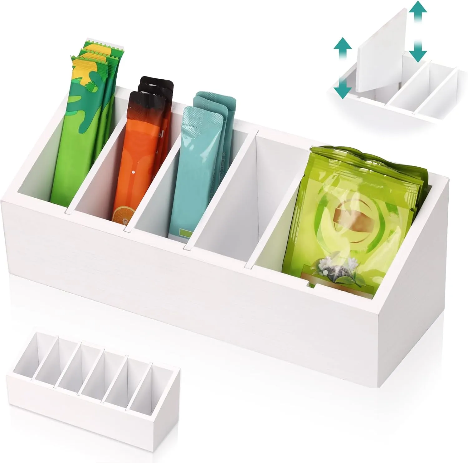 Drink Packet Organizer with 5 Removable Dividers Water Flavor Packet Organizer Wooden Drink Mix Packet Holder Water Packet Storage 10.78”×4.1”×3.6” for Sauce Tea Snack Pantry Kitchen Office Cabinet
