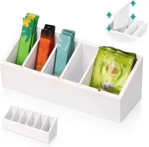 Drink Packet Organizer with 5 Removable Dividers Water Flavor Packet Organizer Wooden Drink Mix Packet Holder Water Packet Storage 10.78”×4.1”×3.6” for Sauce Tea Snack Pantry Kitchen Office Cabinet