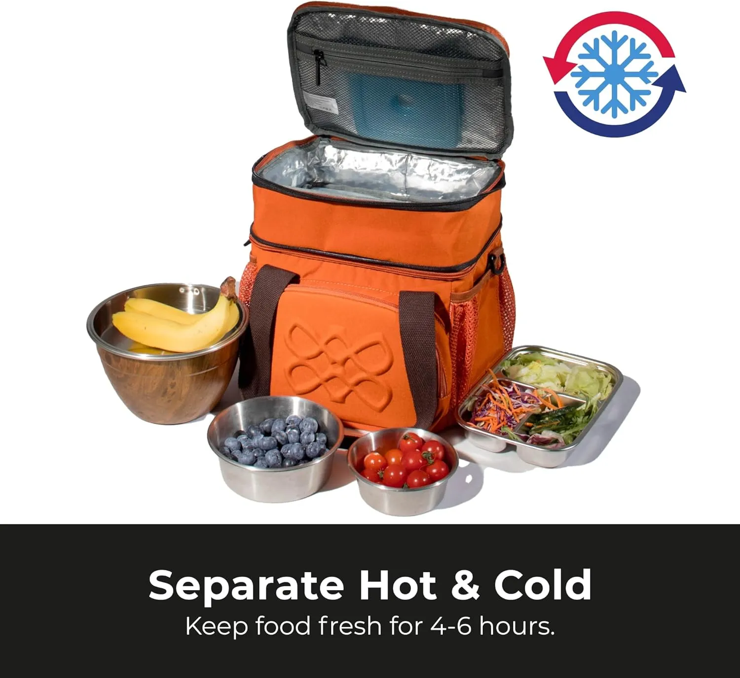 Dual Compartment Lunch Bag, 14L Insulated Leakproof Lunch Box, 18 Can Capacity (Brown Orange)