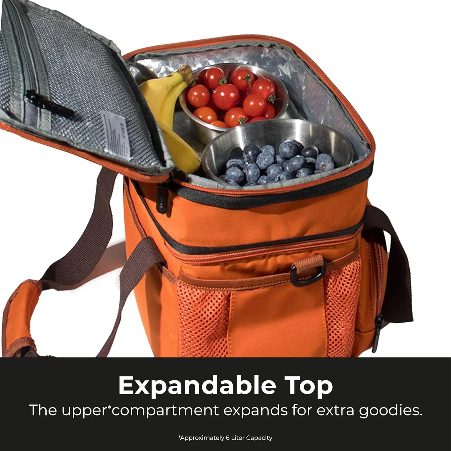 Dual Compartment Lunch Bag, 14L Insulated Leakproof Lunch Box, 18 Can Capacity (Brown Orange)