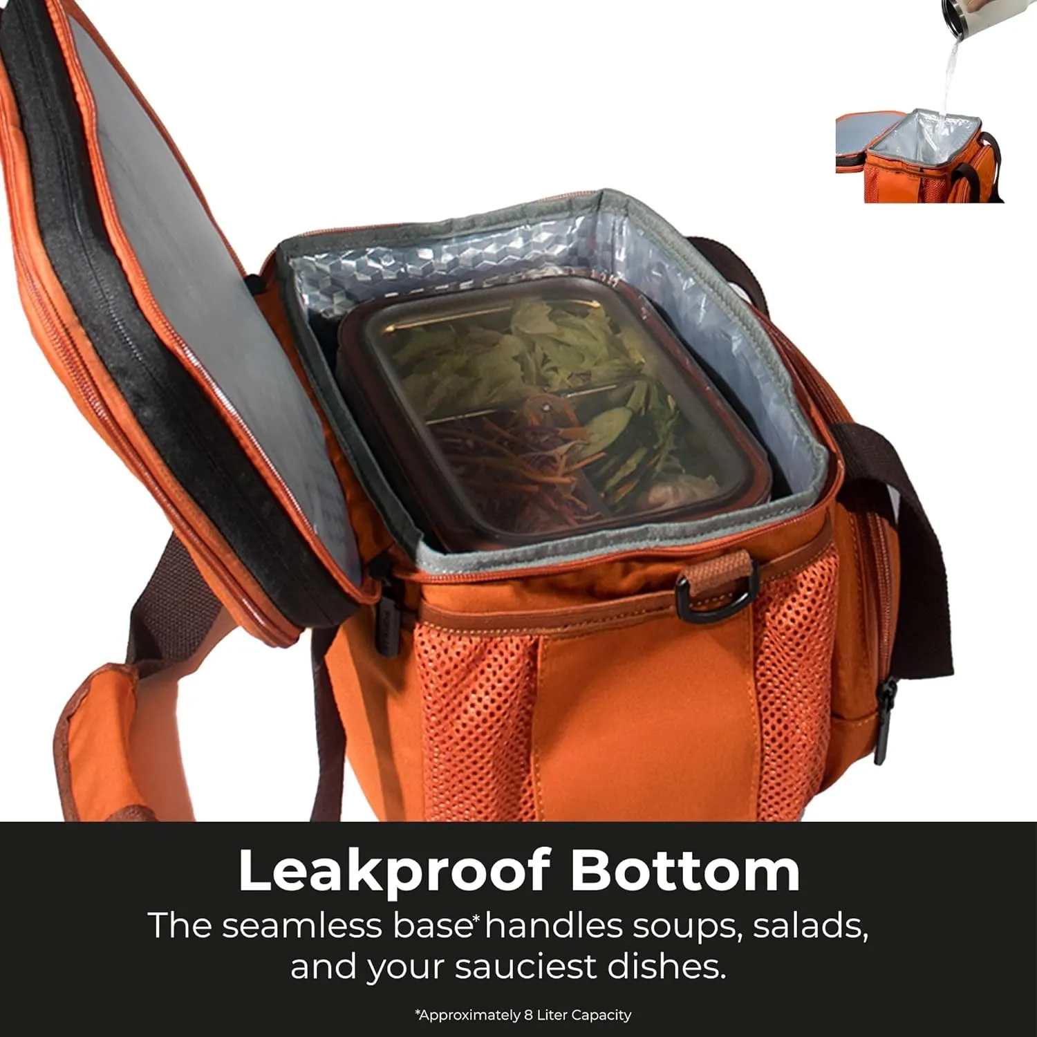 Dual Compartment Lunch Bag, 14L Insulated Leakproof Lunch Box, 18 Can Capacity (Brown Orange)