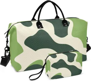 Duffel Bag Weekender/Overnight Duffel Travel Tote Gym Bag with Toiletry Bag for Airplane Traveling 2 Pcs Set Olive Moss Green Print