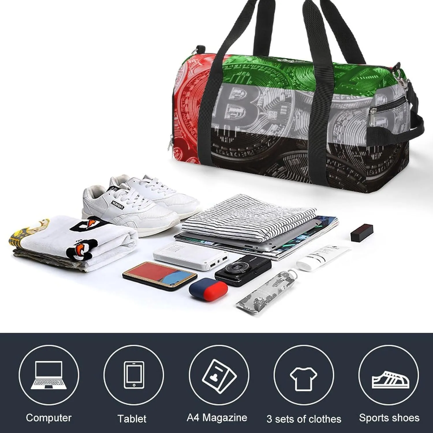 Duffel Bag with United Arabb Emirates Flag Bitcoin for Women Men Shoe Compartment Travel Weekender
