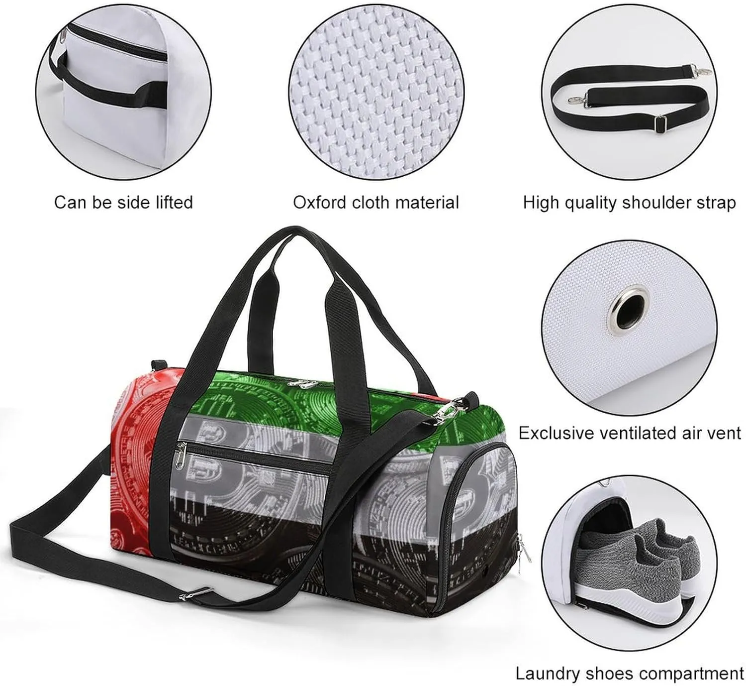 Duffel Bag with United Arabb Emirates Flag Bitcoin for Women Men Shoe Compartment Travel Weekender
