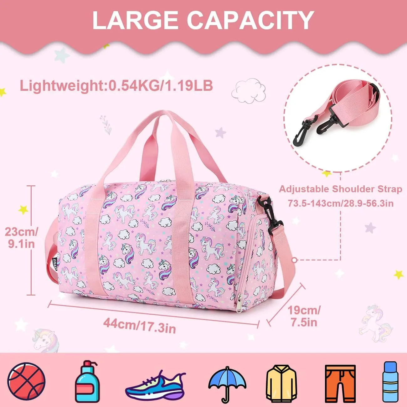 Duffle bag for Girls,RAVUO Water Resistant Travel Overnight Weekend Bag Carry On Bag for Gym Sport Dance with Shoe Compartment and Wet Pocket Unicorn