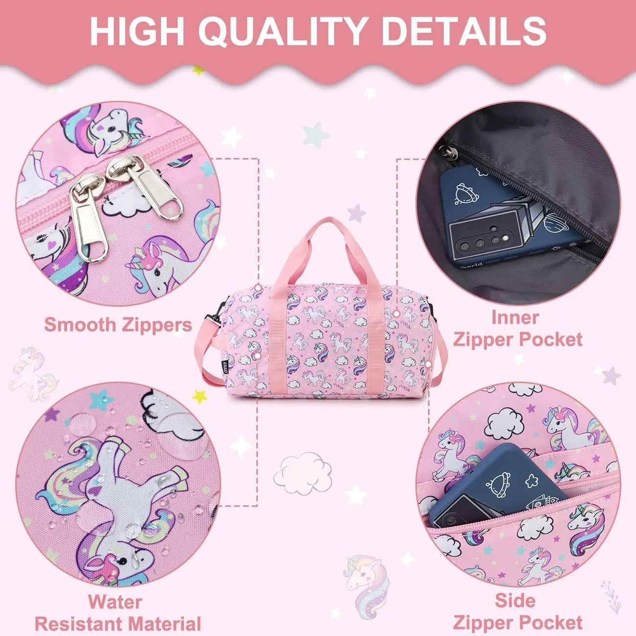 Duffle bag for Girls,RAVUO Water Resistant Travel Overnight Weekend Bag Carry On Bag for Gym Sport Dance with Shoe Compartment and Wet Pocket Unicorn