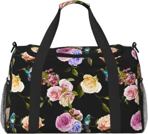 Duffle Bag for Travel, Carnation Hummingbird Black Weekender Overnight Duffel Bag, Carry On Bag Gym Bag for Women Men, Personal Item Travel Bag