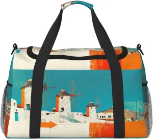 Duffle Bag for Travel, Colorful Greek Windmills Weekender Overnight Duffel Bag, Carry On Bag Gym Bag for Women Men, Personal Item Travel Bag