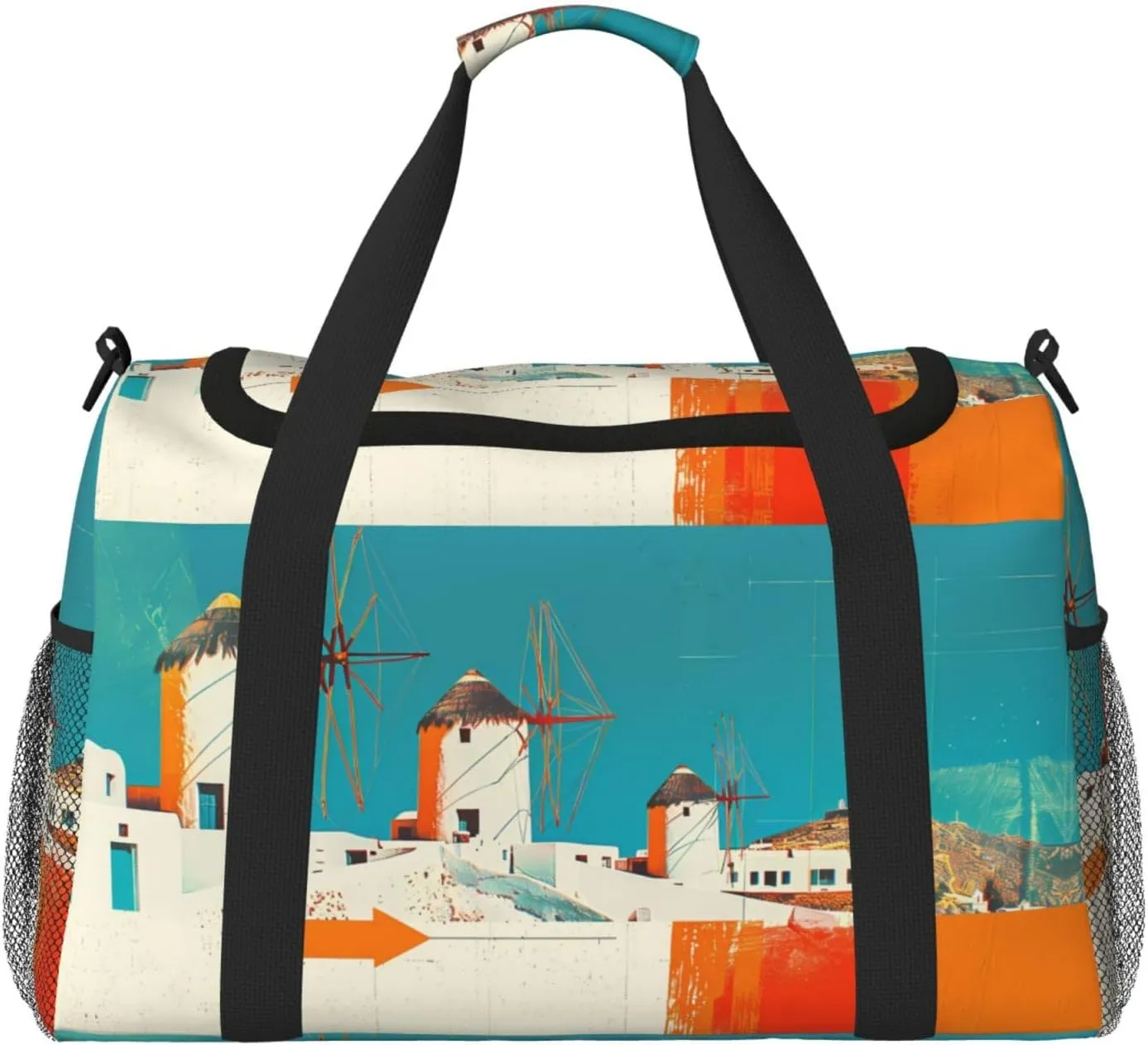 Duffle Bag for Travel, Colorful Greek Windmills Weekender Overnight Duffel Bag, Carry On Bag Gym Bag for Women Men, Personal Item Travel Bag