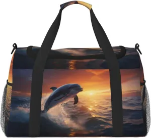 Duffle Bag for Travel, Sunset Dancing Dolphin Weekender Overnight Duffel Bag, Carry On Bag Gym Bag for Women Men, Personal Item Travel Bag