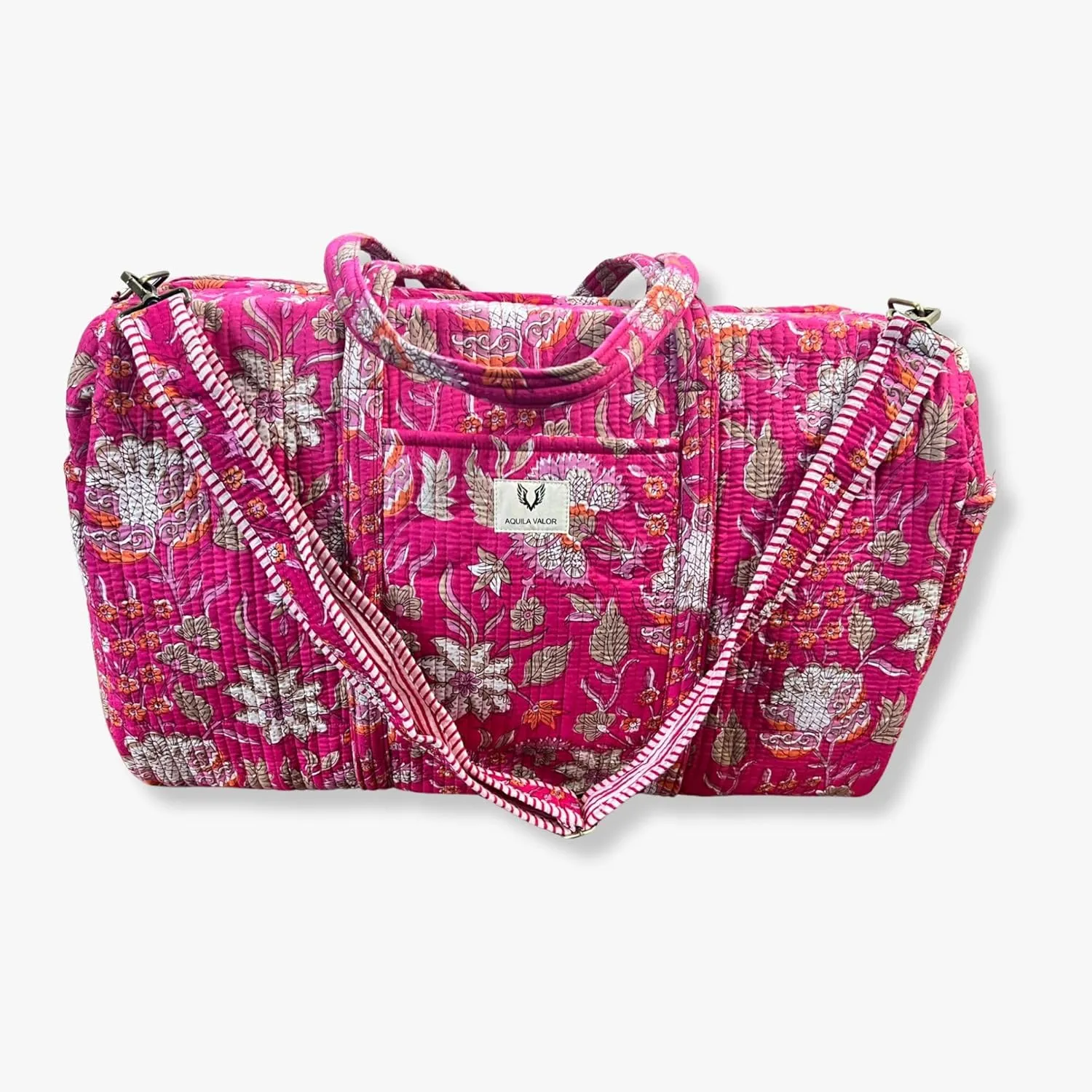 Duffle Bag- Handblock printed Quilted Cotton Travel Weekender Pregnancy Hospital Bag (Blossom Pop)