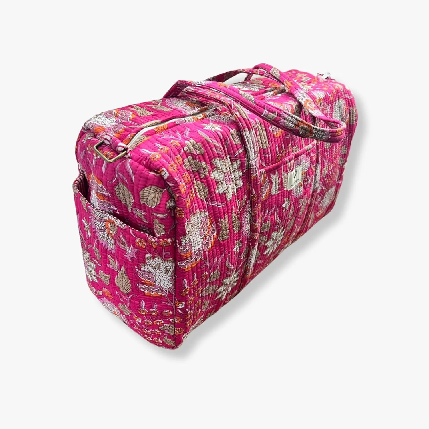 Duffle Bag- Handblock printed Quilted Cotton Travel Weekender Pregnancy Hospital Bag (Blossom Pop)