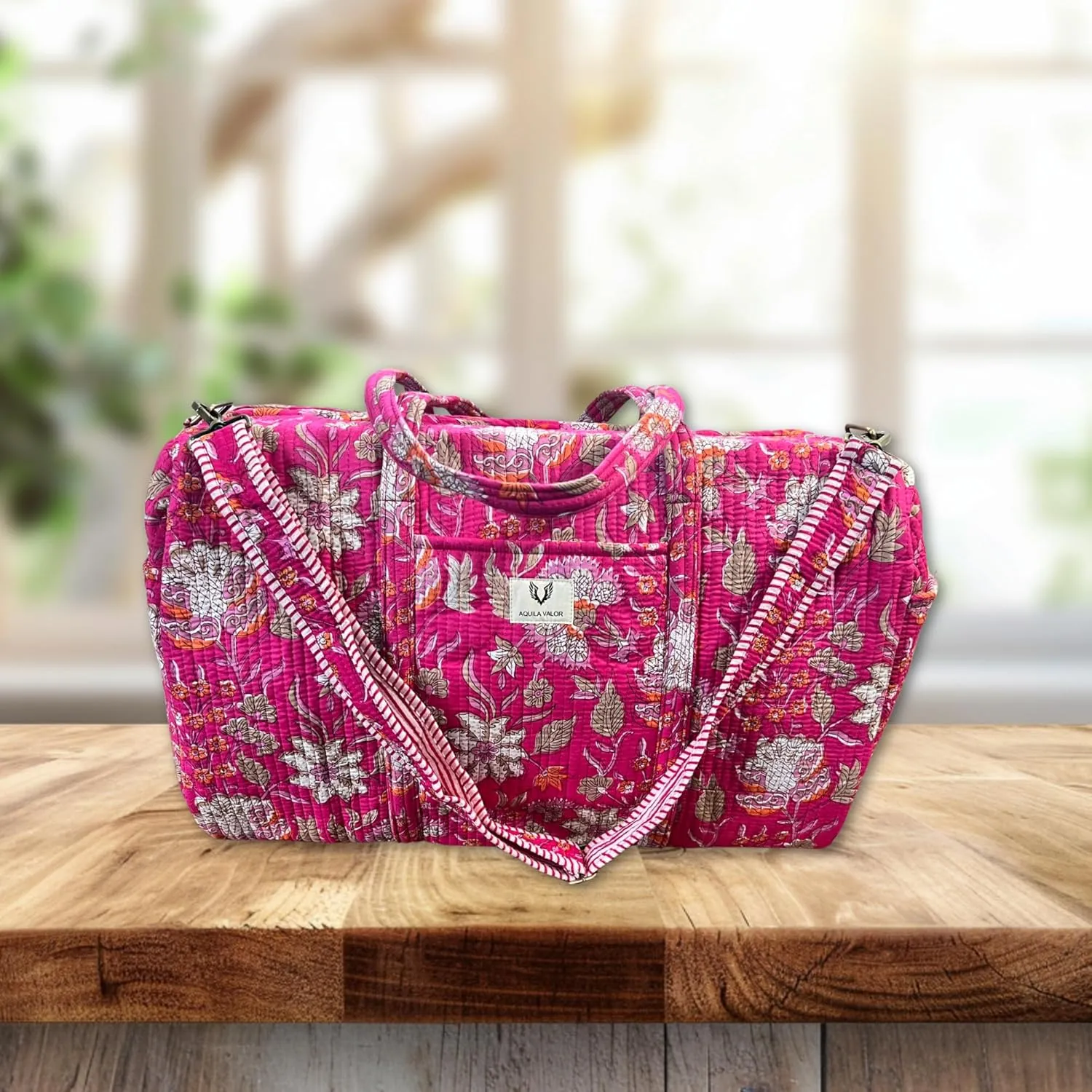 Duffle Bag- Handblock printed Quilted Cotton Travel Weekender Pregnancy Hospital Bag (Blossom Pop)