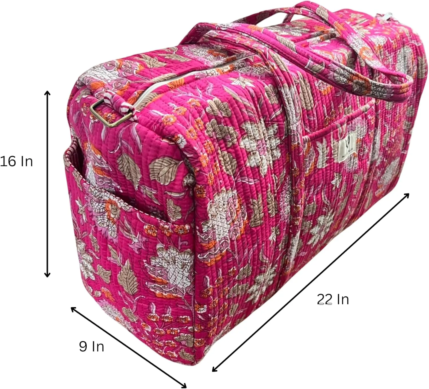 Duffle Bag- Handblock printed Quilted Cotton Travel Weekender Pregnancy Hospital Bag (Blossom Pop)