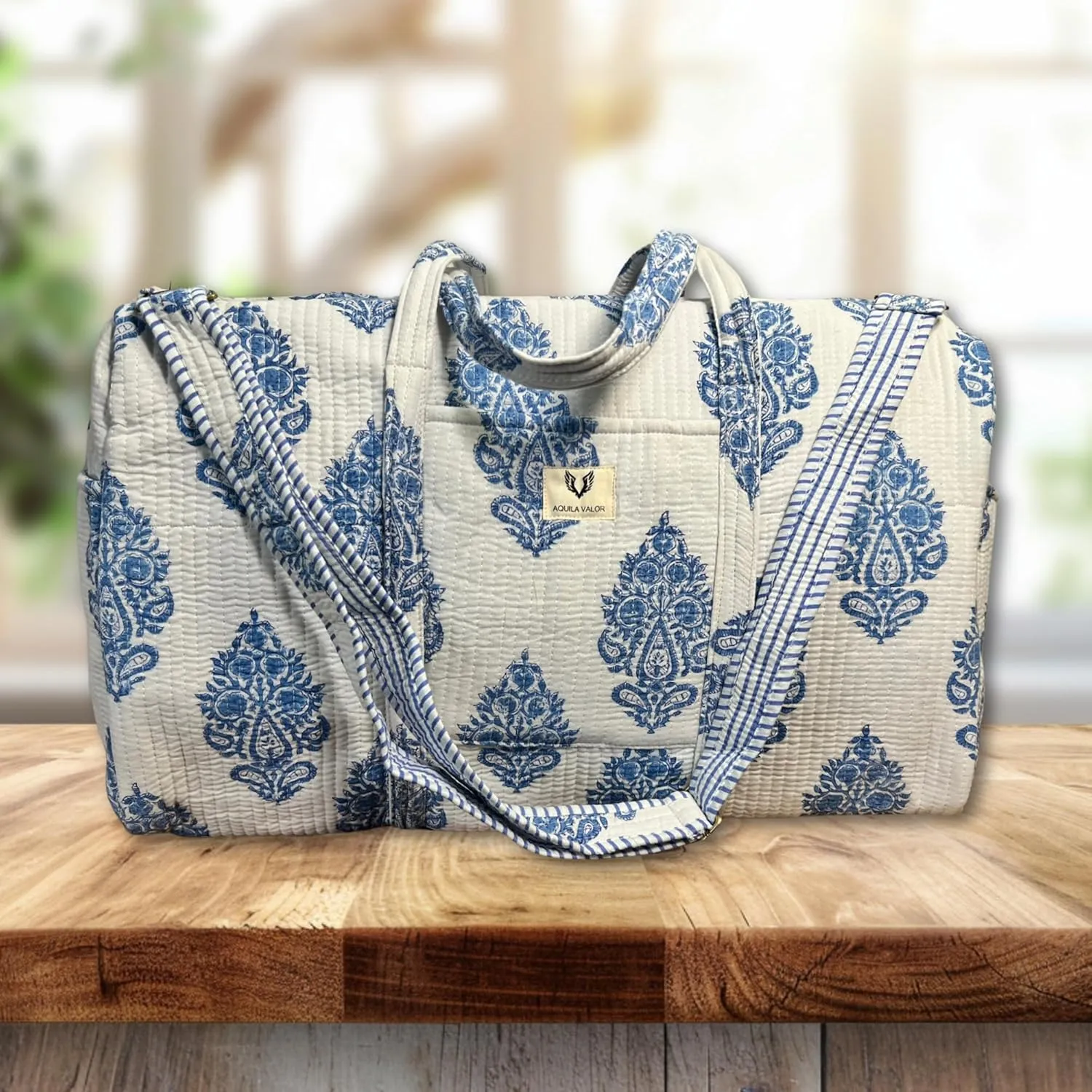 Duffle Bag- Handblock printed Quilted Cotton Travel Weekender Pregnancy Hospital Bag (Neel Buta)