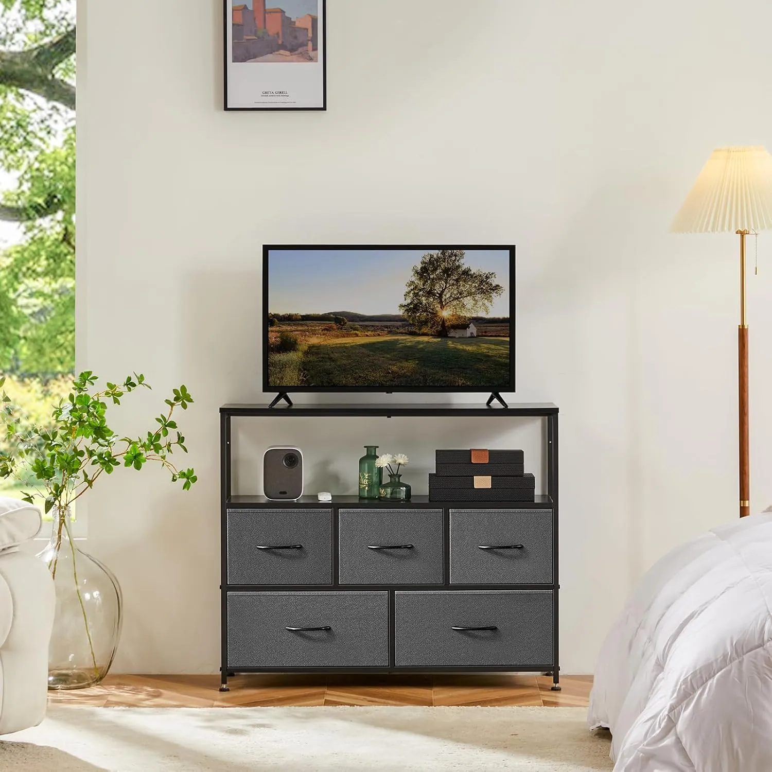 DUMOS TV Stand Dresser for Bedroom Entertainment Center with 5 Fabric Drawers Storage Organizers Units, Media Console Table with Open Shelf up for 45" Television for Living Room, Dorm, Grey