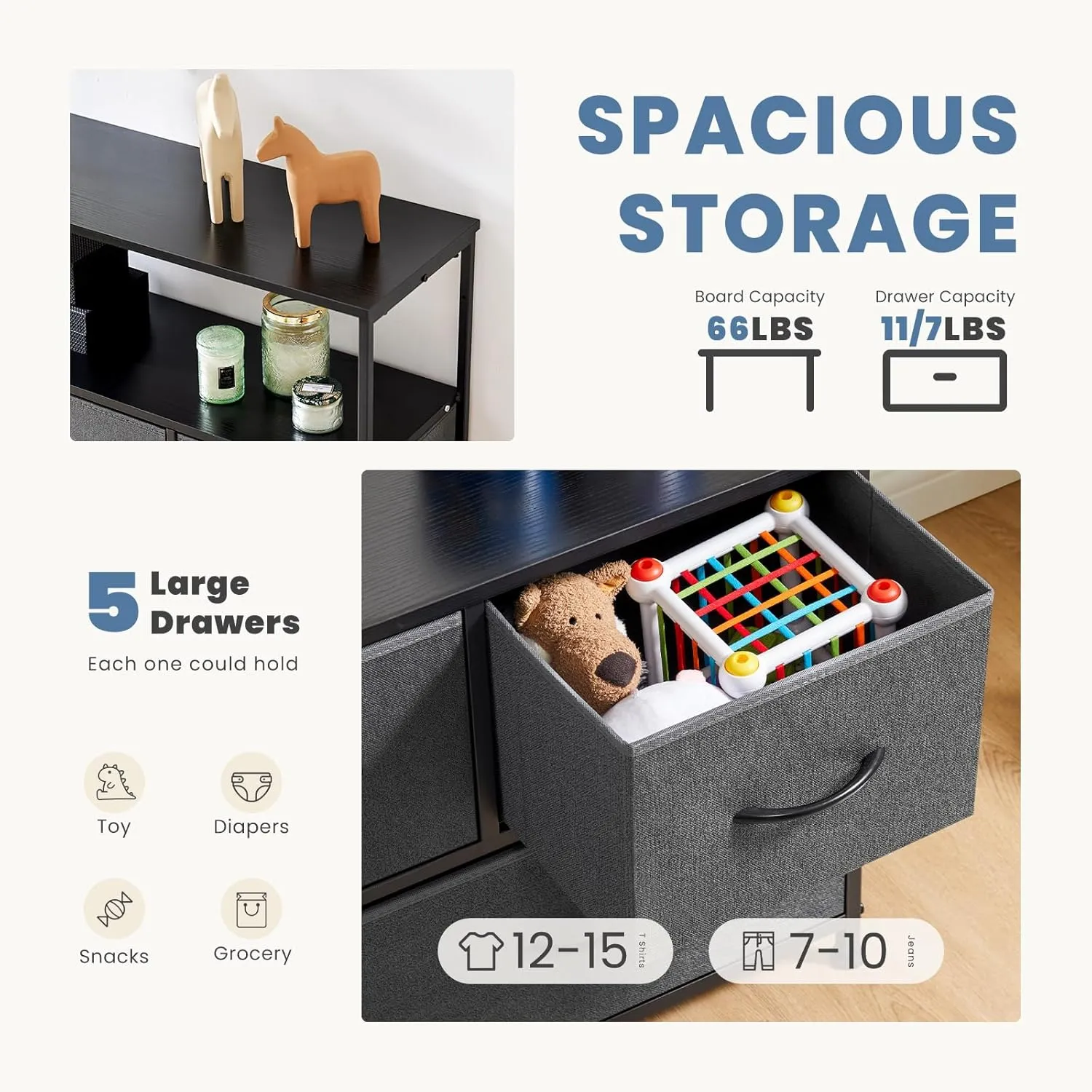 DUMOS TV Stand Dresser for Bedroom Entertainment Center with 5 Fabric Drawers Storage Organizers Units, Media Console Table with Open Shelf up for 45" Television for Living Room, Dorm, Grey