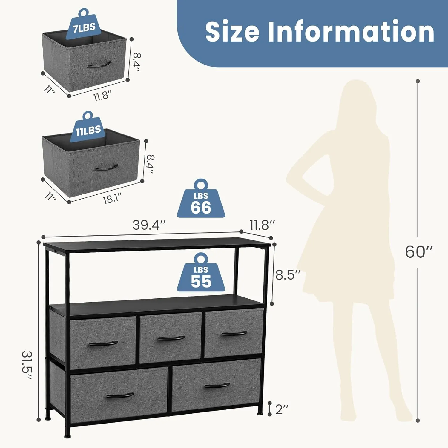 DUMOS TV Stand Dresser for Bedroom Entertainment Center with 5 Fabric Drawers Storage Organizers Units, Media Console Table with Open Shelf up for 45" Television for Living Room, Dorm, Grey