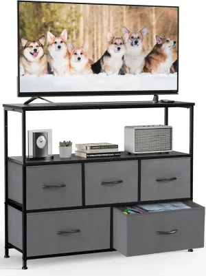 DUMOS TV Stand Dresser for Bedroom Entertainment Center with 5 Fabric Drawers Storage Organizers Units, Media Console Table with Open Shelf up for 45" Television for Living Room, Dorm, Grey