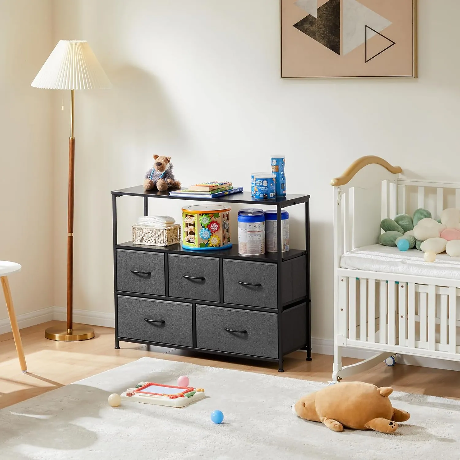 DUMOS TV Stand Dresser for Bedroom Entertainment Center with 5 Fabric Drawers Storage Organizers Units, Media Console Table with Open Shelf up for 45" Television for Living Room, Dorm, Grey
